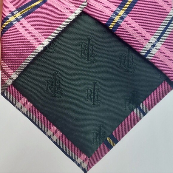 Lauren Ralph Lauren Black Label 100% Silk Men's Neck Tie Pink Plaid Preppy - Picture 3 of 5